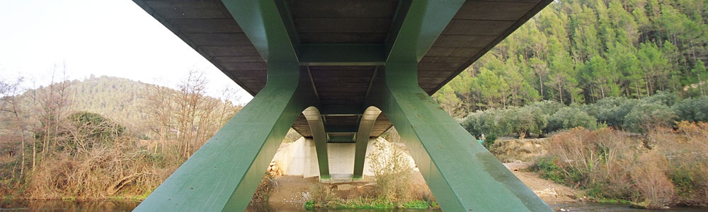 Intradós d’un pont de formigó sobre un llit fluvial